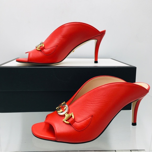 Gucci 602412 C9D00 6634 Red Leather Mid Heel Slide Sandals - Picture 3 of 13
